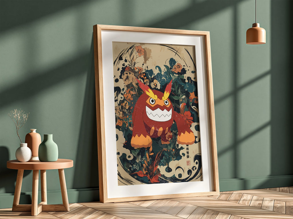 Poster of Darmanitan character in red and orange with floral and abstract background