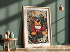 Poster of Darmanitan character in red and orange with floral and abstract background