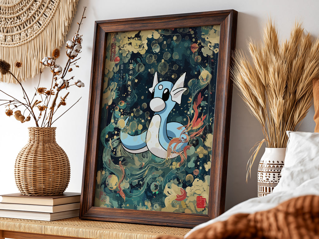 Framed poster wall decor featuring Dartini character in blue and cream with Japanese style waves and clouds