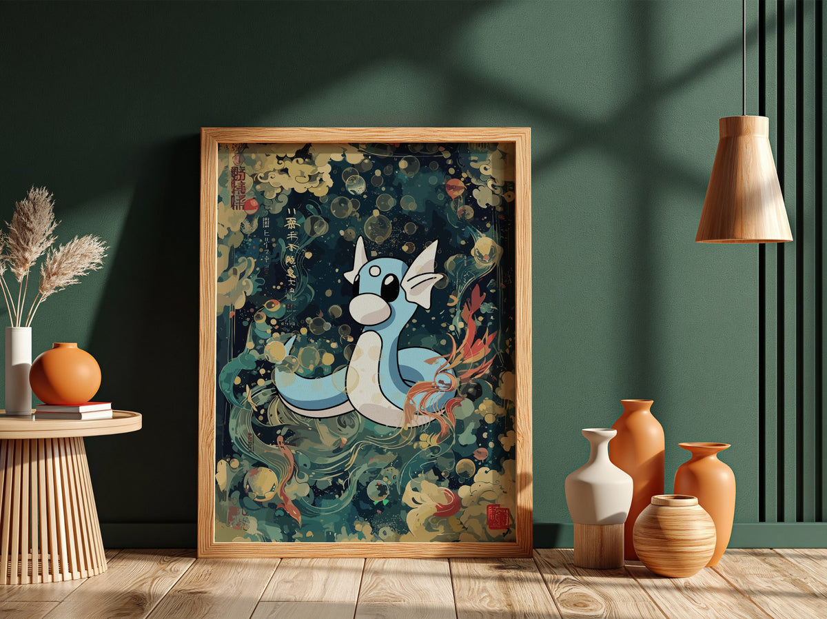 Framed poster wall decor featuring Dartini character in blue and cream with Japanese style waves and clouds