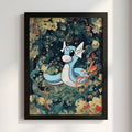 Framed poster wall decor featuring Dartini character in blue and cream with Japanese style waves and clouds