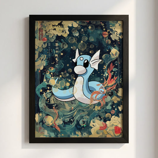 Framed poster wall decor featuring Dartini character in blue and cream with Japanese style waves and clouds