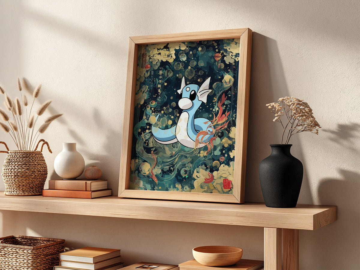 Framed poster wall decor featuring Dartini character in blue and cream with Japanese style waves and clouds