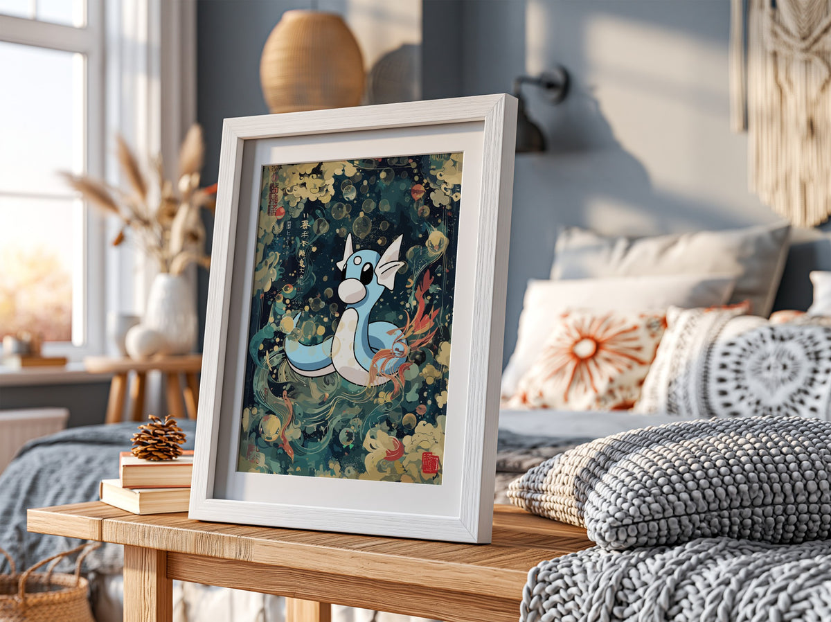 Framed poster wall decor featuring Dartini character in blue and cream with Japanese style waves and clouds