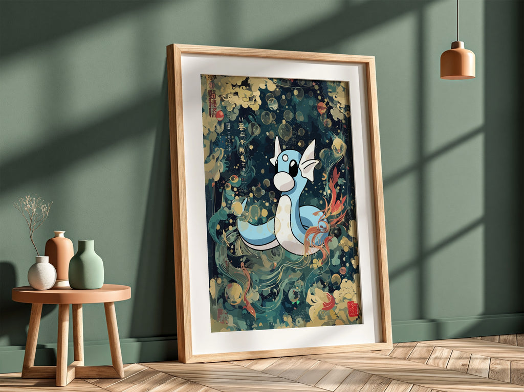 Framed poster wall decor featuring Dartini character in blue and cream with Japanese style waves and clouds