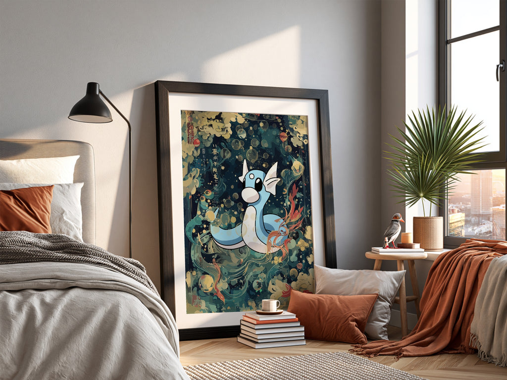 Framed poster wall decor featuring Dartini character in blue and cream with Japanese style waves and clouds