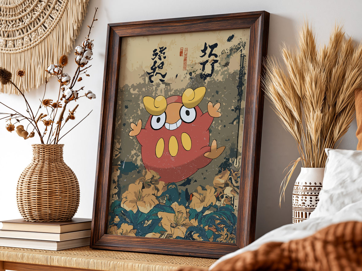 Framed Darumaka poster with red character and yellow accents on vintage Japanese floral background