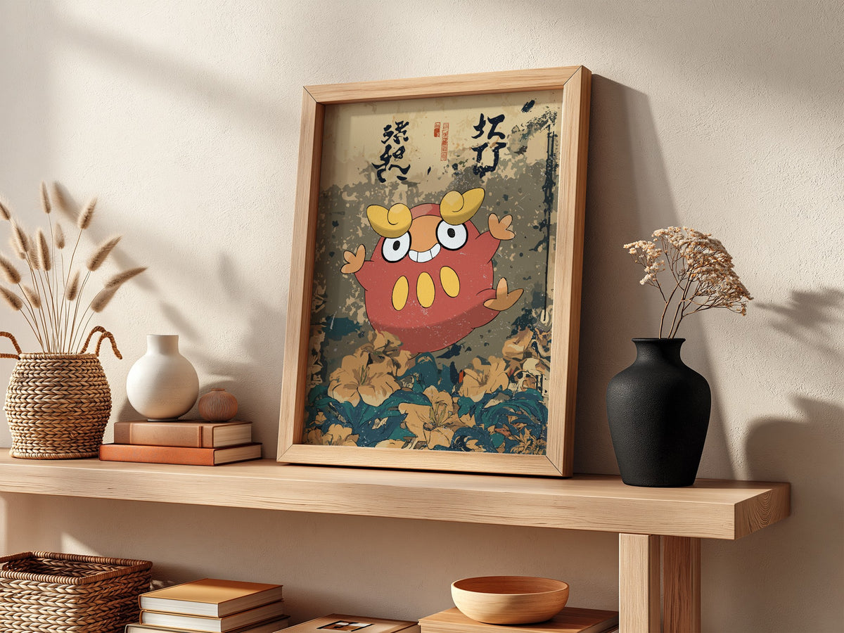 Framed Darumaka poster with red character and yellow accents on vintage Japanese floral background