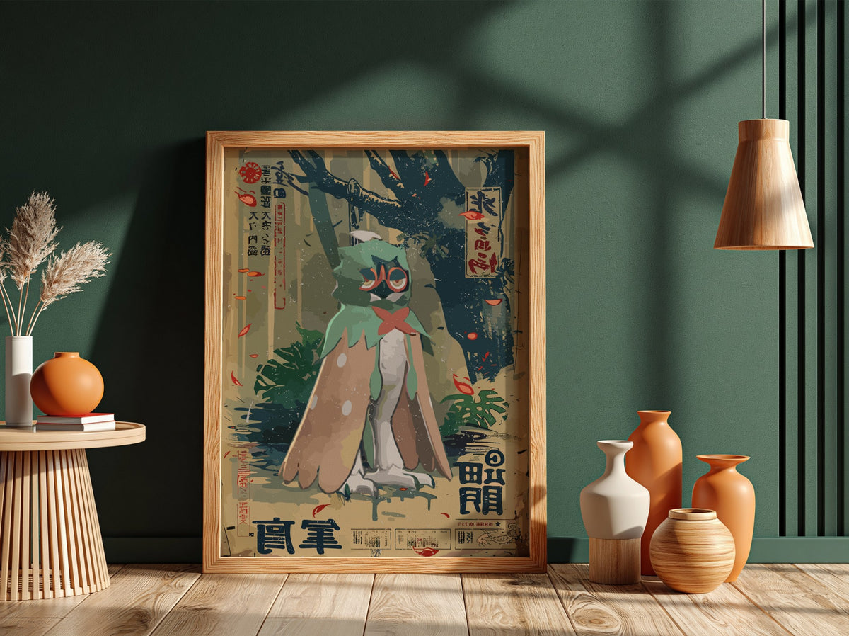 Decidueye poster with muted greens and browns in vintage Japanese style featuring stylized feathers and