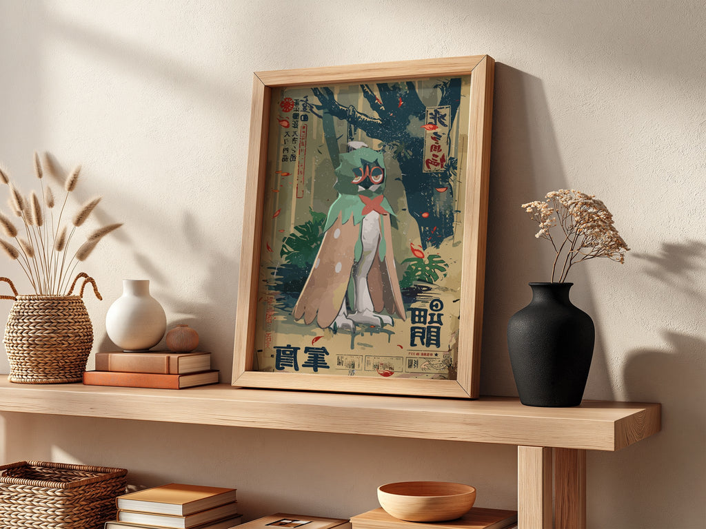 Decidueye poster with muted greens and browns in vintage Japanese style featuring stylized feathers and