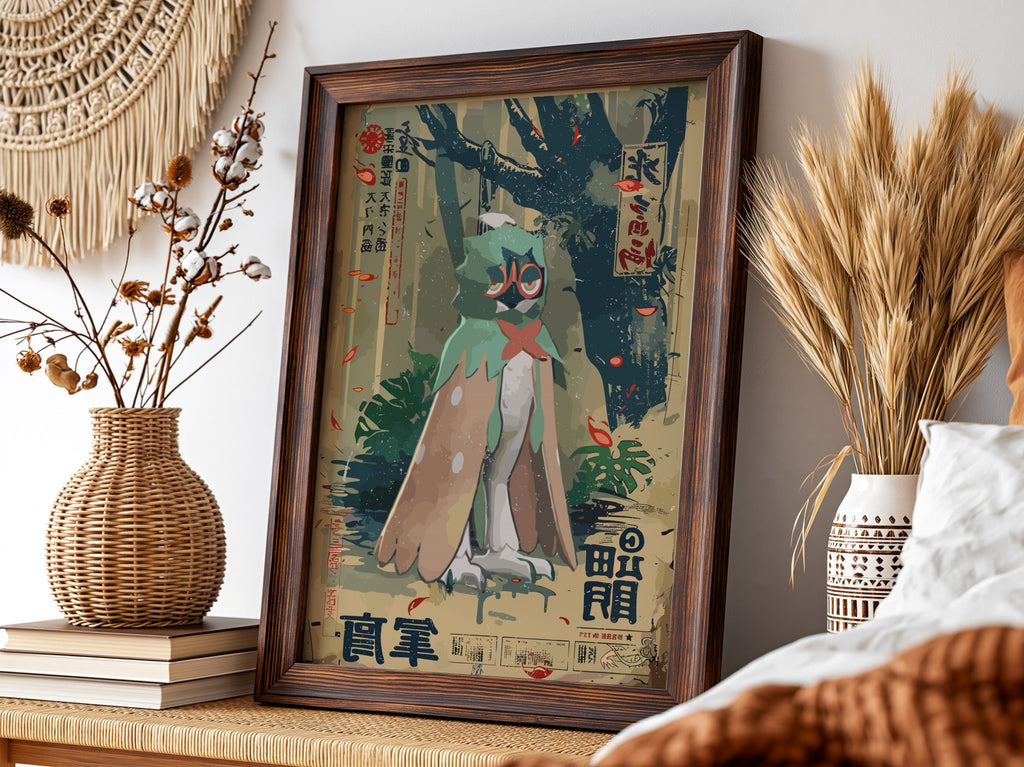 Decidueye poster with muted greens and browns in vintage Japanese style featuring stylized feathers and