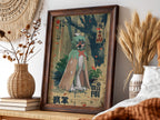 Decidueye poster with muted greens and browns in vintage Japanese style featuring stylized feathers and