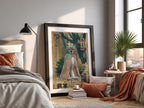 Decidueye poster with muted greens and browns in vintage Japanese style featuring stylized feathers and
