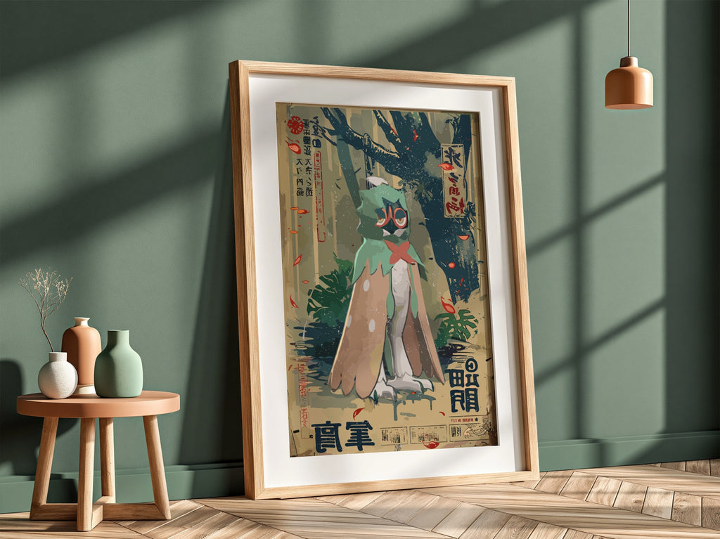 Decidueye poster with muted greens and browns in vintage Japanese style featuring stylized feathers and