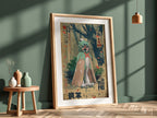 Decidueye poster with muted greens and browns in vintage Japanese style featuring stylized feathers and
