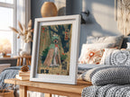 Decidueye poster with muted greens and browns in vintage Japanese style featuring stylized feathers and