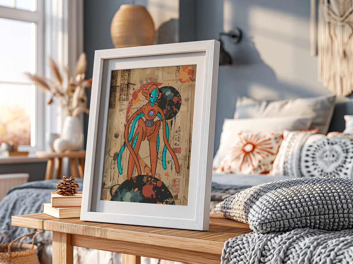Poster of Deoxys character in orange and blue with retro anime style and textured background
