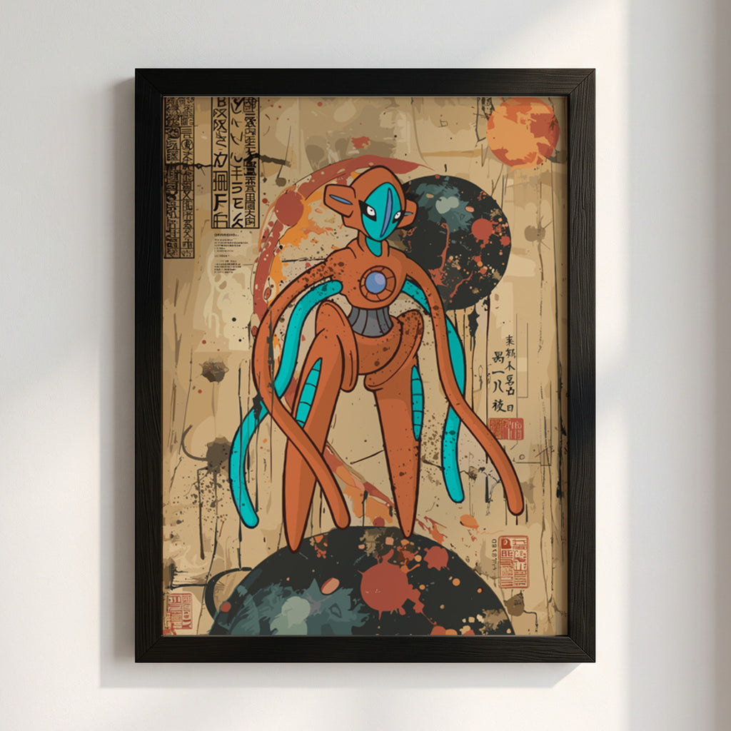 Poster of Deoxys character in orange and blue with retro anime style and textured background