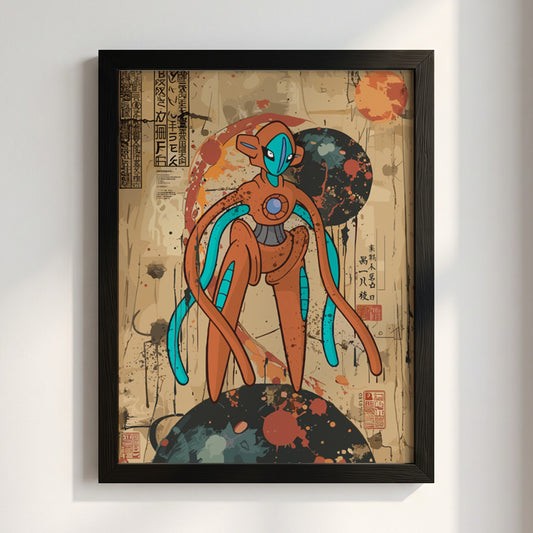 Poster of Deoxys character in orange and blue with retro anime style and textured background