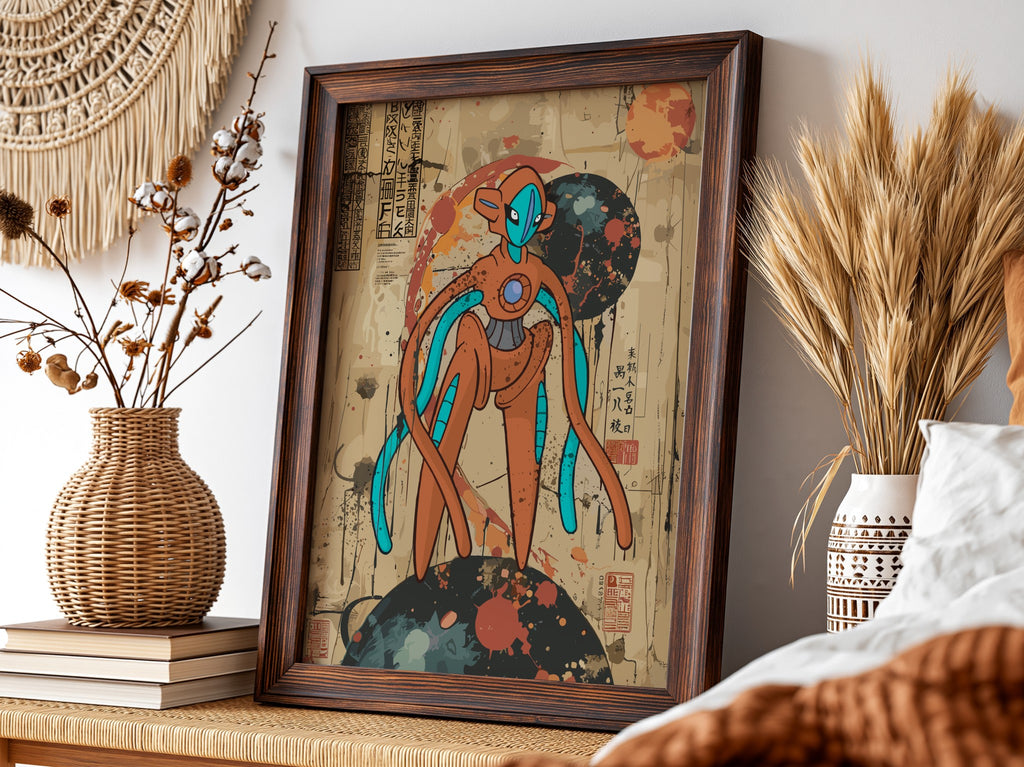 Poster of Deoxys character in orange and blue with retro anime style and textured background