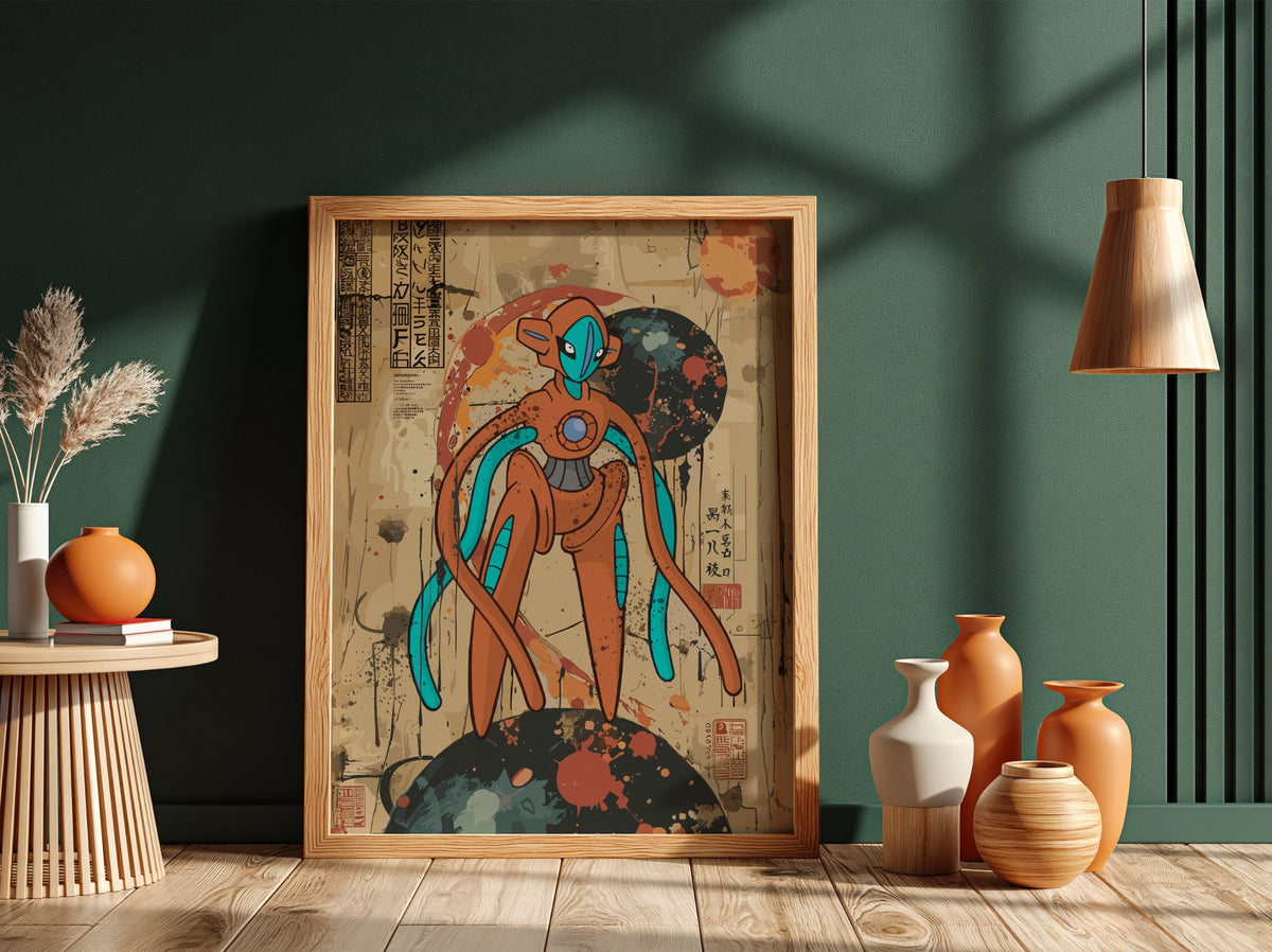 Poster of Deoxys character in orange and blue with retro anime style and textured background