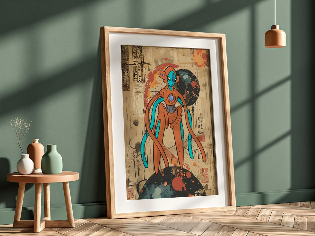 Poster of Deoxys character in orange and blue with retro anime style and textured background