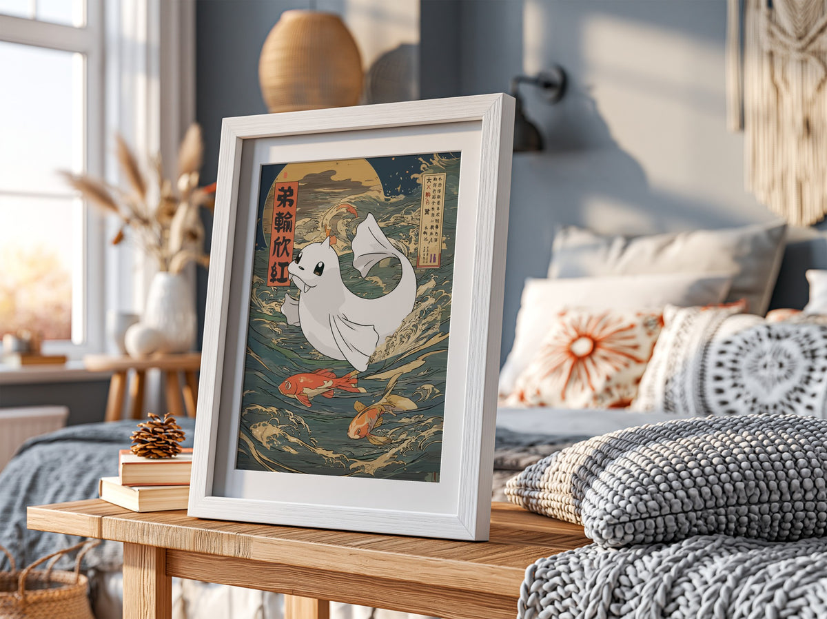 Pokemon poster featuring Dewgong swimming among Japanese-style waves and koi fish with blue and orange tones