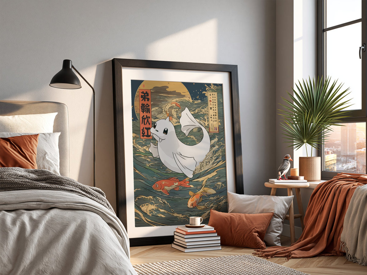 Pokemon poster featuring Dewgong swimming among Japanese-style waves and koi fish with blue and orange tones