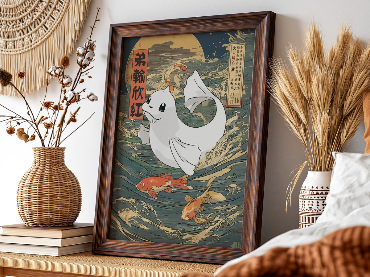 Pokemon poster featuring Dewgong swimming among Japanese-style waves and koi fish with blue and orange tones