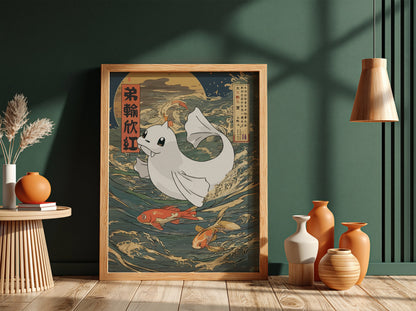 Pokemon poster featuring Dewgong swimming among Japanese-style waves and koi fish with blue and orange tones