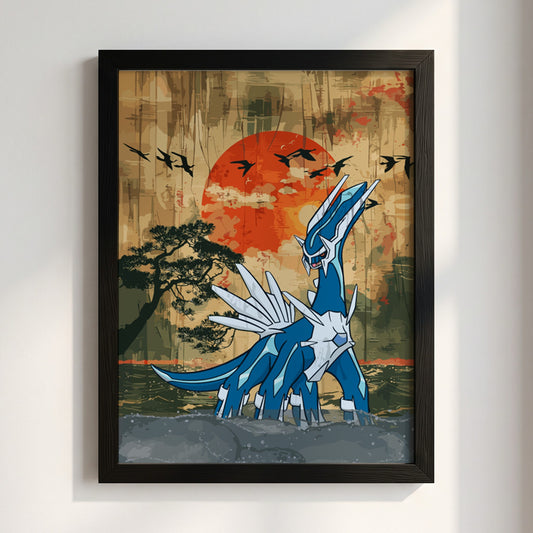 Pokemon poster featuring blue Dialga with red sun background and silhouetted birds in graphic style