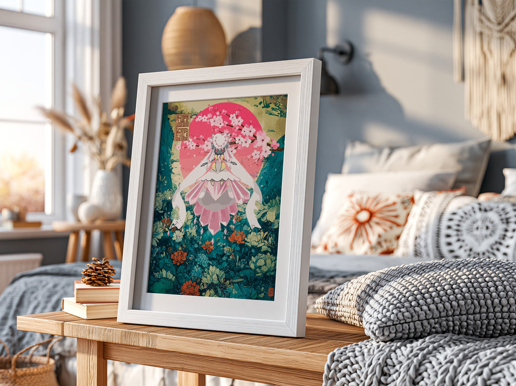 Poster of Diancie character in pink and teal floral fantasy style with blossoms