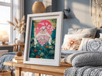 Poster of Diancie character in pink and teal floral fantasy style with blossoms