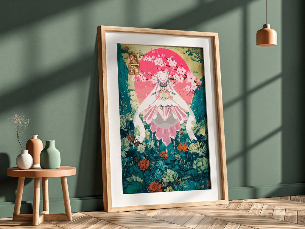 Poster of Diancie character in pink and teal floral fantasy style with blossoms