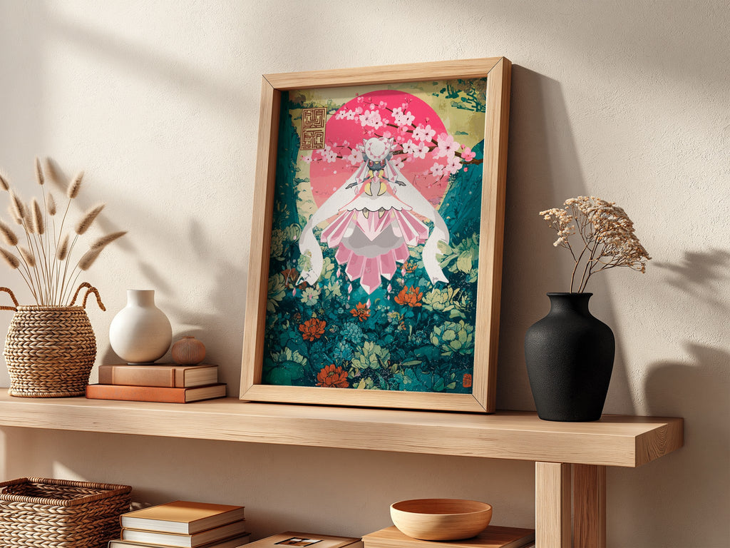 Poster of Diancie character in pink and teal floral fantasy style with blossoms