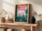 Poster of Diancie character in pink and teal floral fantasy style with blossoms