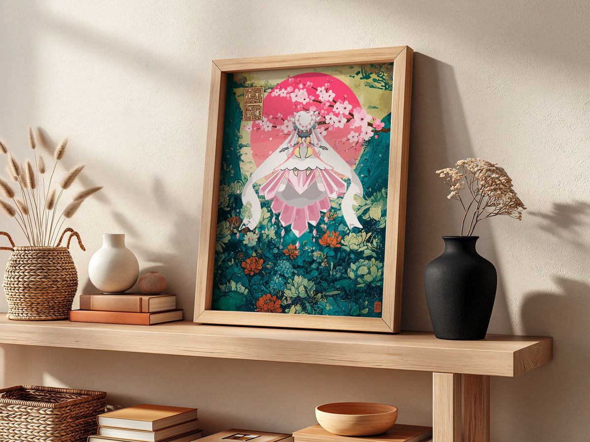 Poster of Diancie character in pink and teal floral fantasy style with blossoms