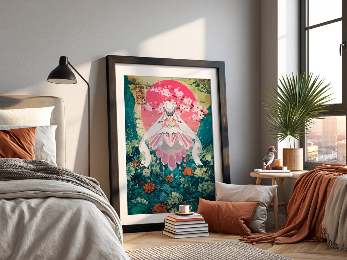 Poster of Diancie character in pink and teal floral fantasy style with blossoms