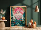 Poster of Diancie character in pink and teal floral fantasy style with blossoms