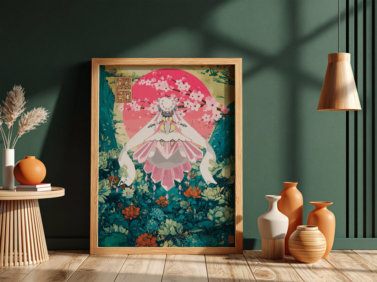 Poster of Diancie character in pink and teal floral fantasy style with blossoms