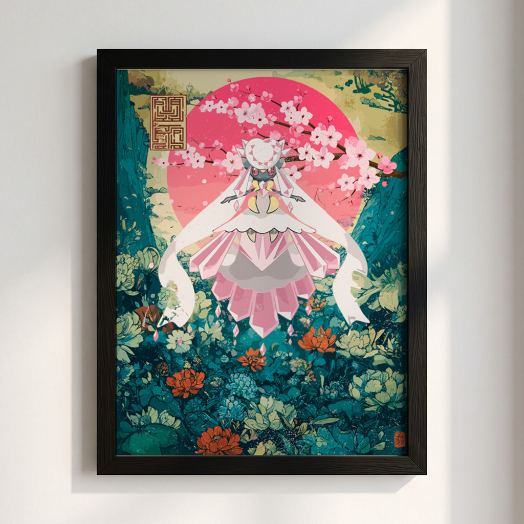 Poster of Diancie character in pink and teal floral fantasy style with blossoms