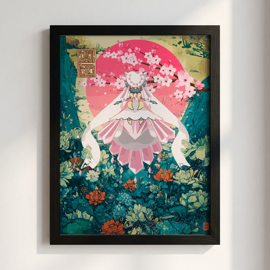 Poster of Diancie character in pink and teal floral fantasy style with blossoms