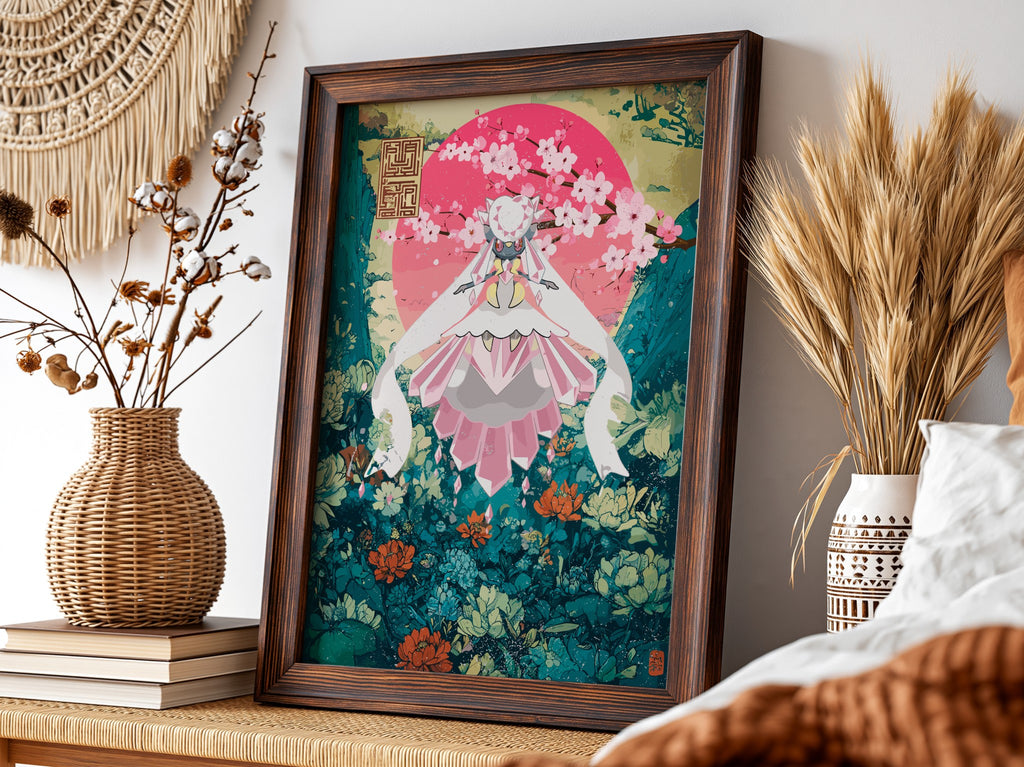 Poster of Diancie character in pink and teal floral fantasy style with blossoms
