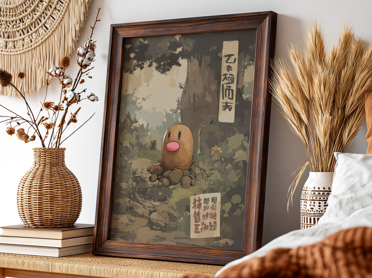 Diglett wall decor with muted earth tones and vintage Japanese characters in woodland scene