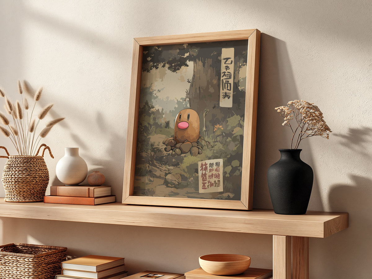 Diglett wall decor with muted earth tones and vintage Japanese characters in woodland scene