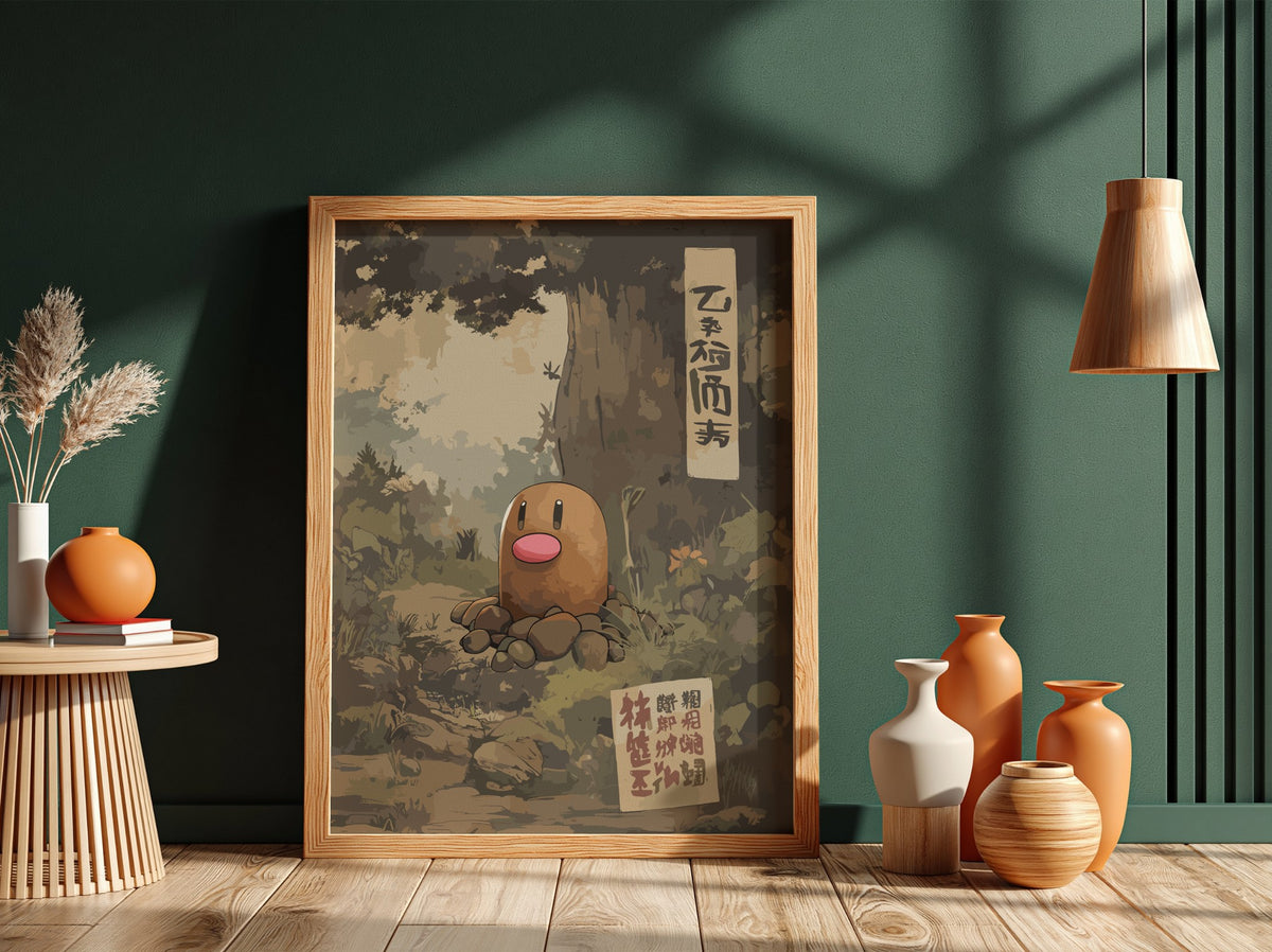 Diglett wall decor with muted earth tones and vintage Japanese characters in woodland scene