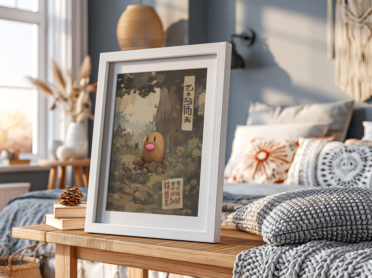 Diglett wall decor with muted earth tones and vintage Japanese characters in woodland scene