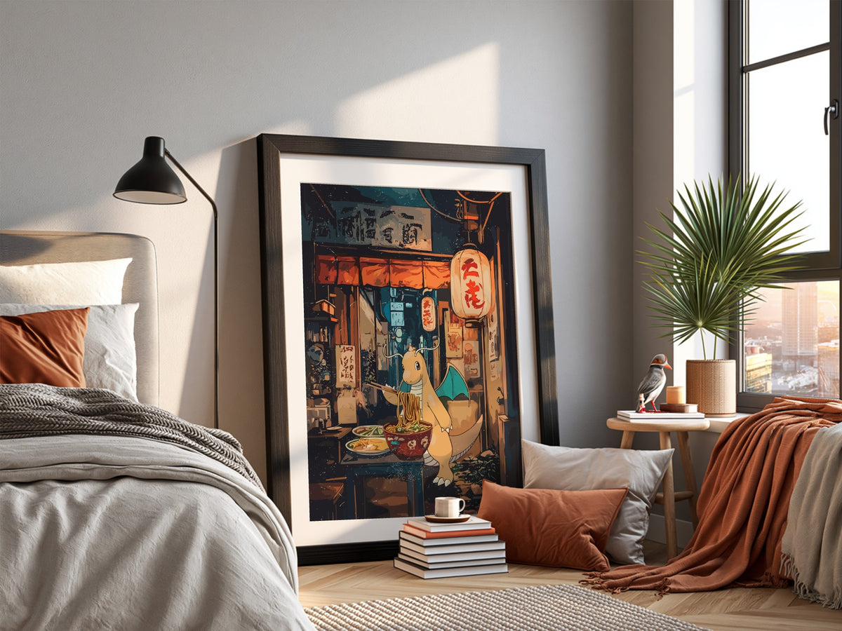 Framed Dragonite Ramen poster with warm earth tones, anime style, Dragonite eating ramen in cozy street scene