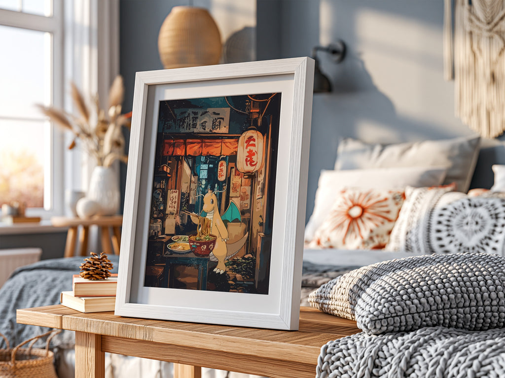 Framed Dragonite Ramen poster with warm earth tones, anime style, Dragonite eating ramen in cozy street scene