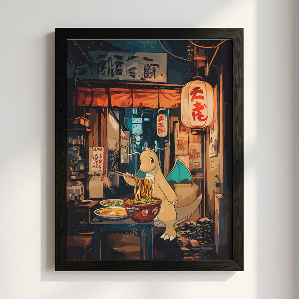 Framed Dragonite Ramen poster with warm earth tones, anime style, Dragonite eating ramen in cozy street scene